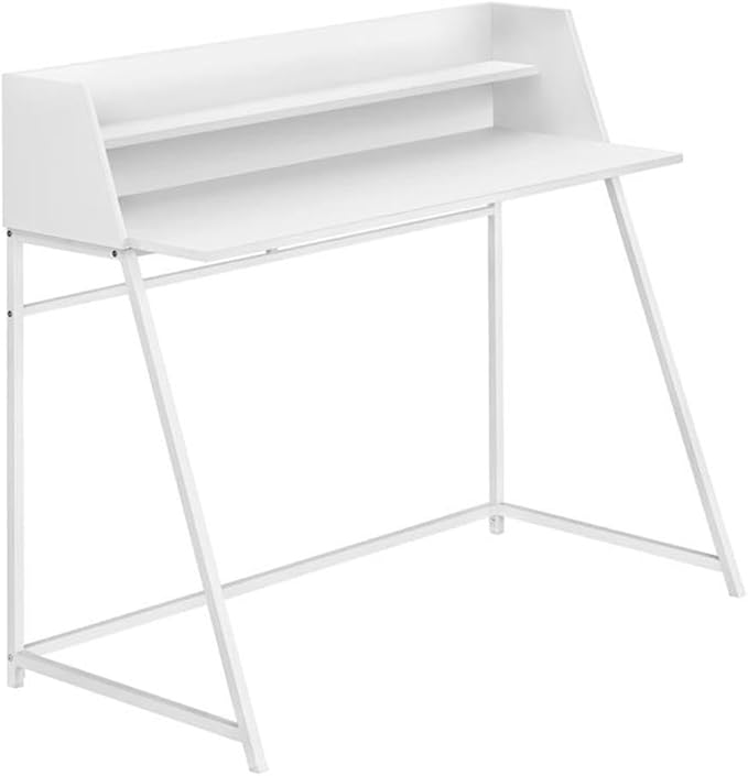 Pemberly Row Computer Desk 48 in Home Office Laptop Table with Storage Shelves White Laminate Finish Metal Base with Trapezoid Legs Contemporary Style Compact Workspace