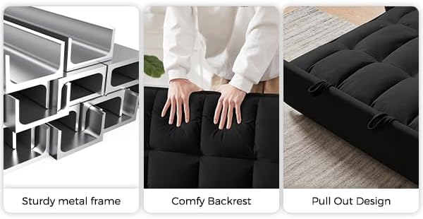 KEIKI 51.2 3-in-1 Convertible Sofa Bed Sleeper Sofa Chair with Adjustable Backrest Side Pockets &amp Roller Legs Cloud Futon Couch for Apartment Bedroom or Office Black