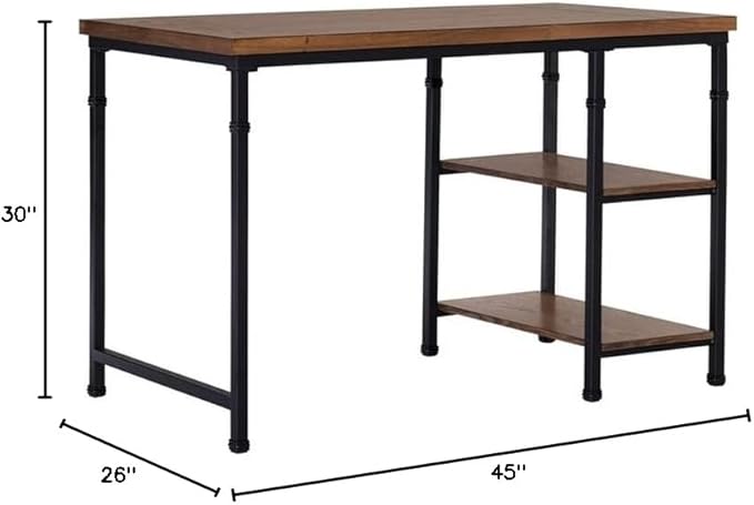 UrbanPro Transitional Wood Desk with 2 Shelves 45W x 26D x 30H Ash Veneer and Metal Brown Stained and Black Finish Rustic Industrial Style Sturdy Home Office Desk for Work Essentials Storage