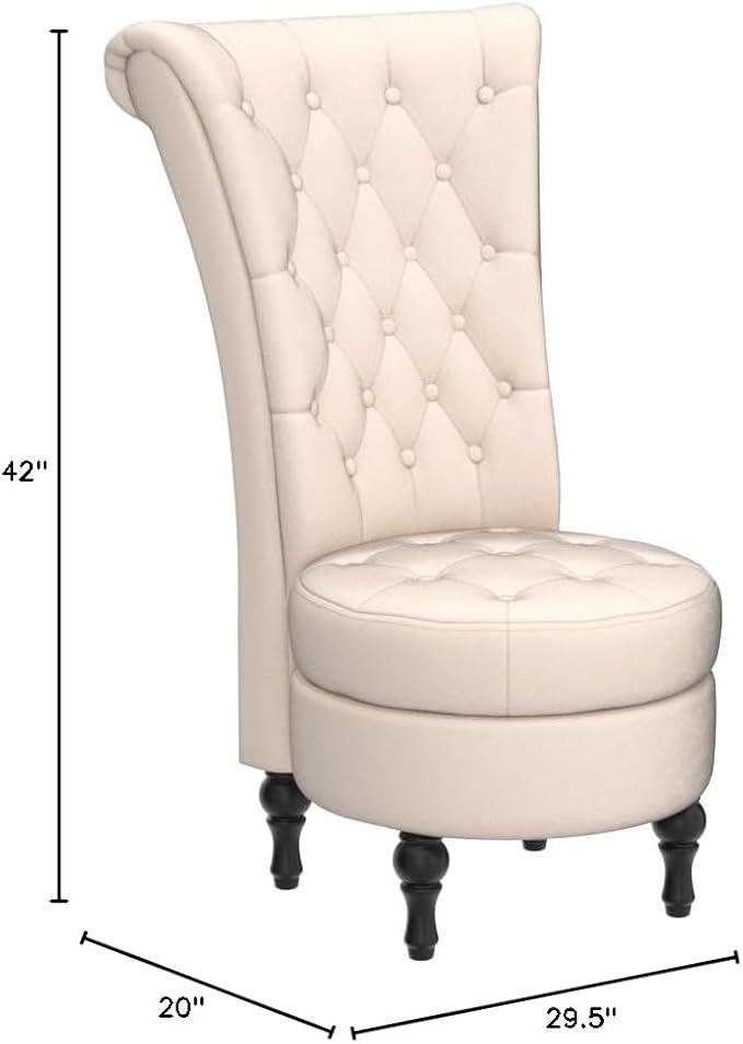 Royal High-Back Velvet Accent Chair for Vanity with Storage and Luxurious Upholstery Retro Design and Versatile Usage for Living Room Bedroom Lounge and Office Ivory