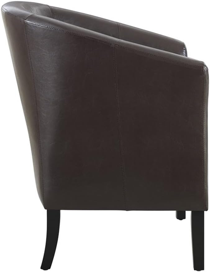 Pemberly Row Contemporary Faux Leather Barrel Club Chair Brown Finish Rubberwood Frame Upholstered Vinyl Flared Armrests Arching Backrest 28.25W x 25.5D x 33H Accent Chair for Living Room