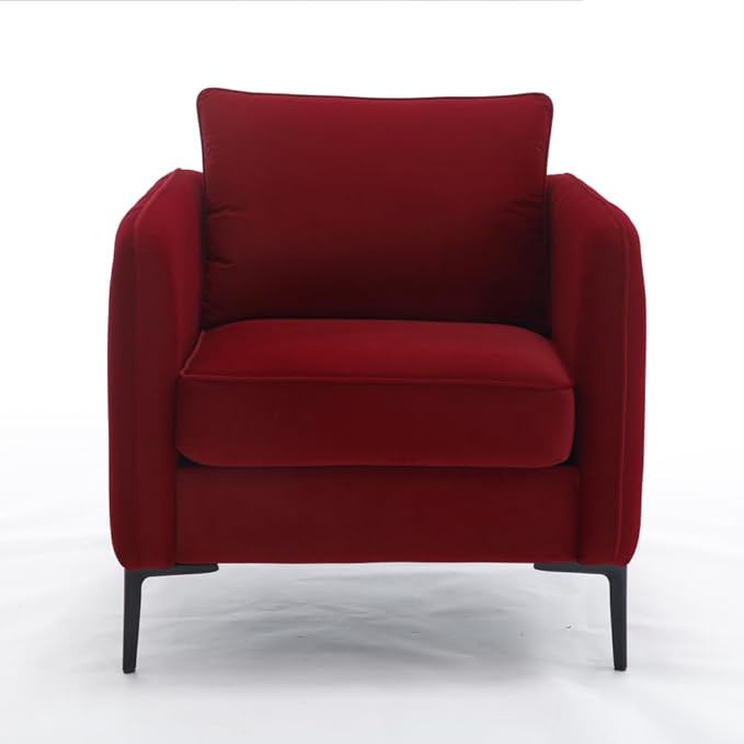 Velvet Accent Chair Mid-Century Modern Armchair with Metal Legs Single Sofa Chair for Living Room Bedroom Office Reading Includes Pillow (Wine RED + Steel + Velvet + Wood + 1 Seat + Foam)