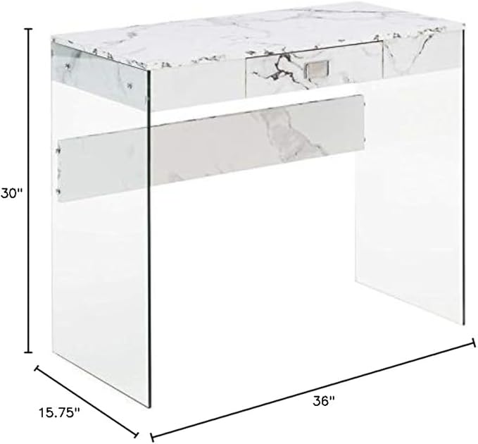 Pemberly Row 36 in Desk Clear Glass and White Faux Marble Finish Particle Board Build with Drawer Modern Contemporary Style Compact Home Office or Study Table