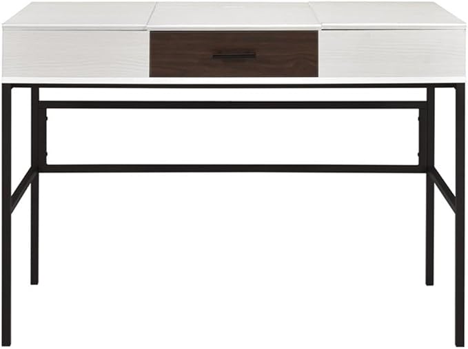 BOWERY HILL Wooden 1-Drawer Writing Desk Natural and Black Finish 42 W x 22 D x 31 H Built-in USB Ports and Outlets Flip-Up Compartments Industrial Design Home Office Desk