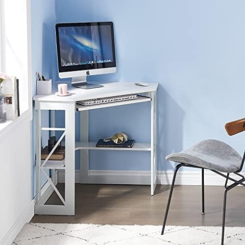 VECELO Corner Desk Computer Desk Writing Table with Smooth Keyboard Tray &amp Storage ShelvesCompact Home Office Triangle TableWhite