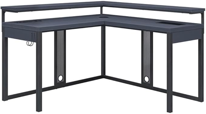 Pemberly Row L-Shape Gaming Desk 54x54x36 in Black Steel Metal Chevron PVC Finish RGB LED Lights Dual Monitor Shelves USB Charging Hub Headphone Hook Home Office or Gaming Desk