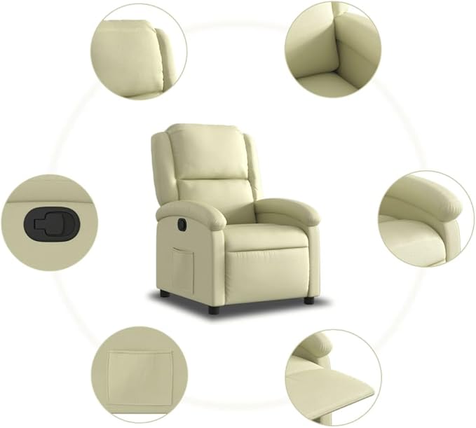 vidaXL Recliner Chair - Cream Real Leather Lounger - Manual Reclining with Solid Wood &amp Metal Frame Padded Armrests Side Pocket 242.5 lb Load Capacity - Living Room/Office
