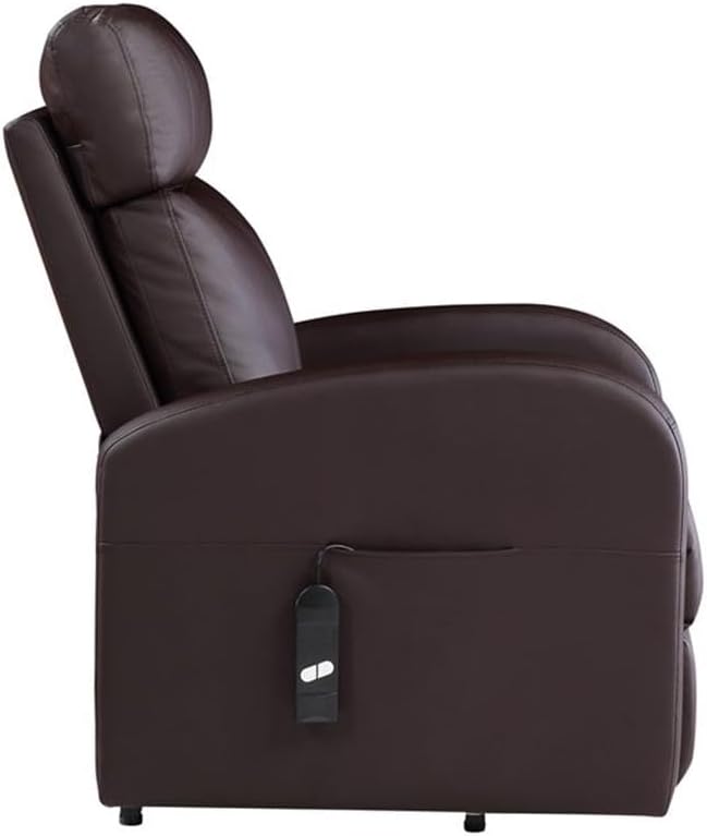 BOWERY HILL Power Lift Recliner 28 W x 37 D x 40 H Brown PU Upholstery Horizontal Tufted Back Contrast Stitching Wired Controller Metal Lift Base Contemporary Style Living Room Chair