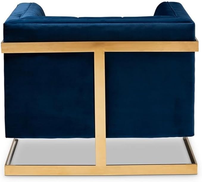 BOWERY HILL Velvet Accent Chair Royal Blue Upholstery Gold Finish Stainless Steel Frame Button Tufted Glam and Luxe Style Plywood Construction Fully Assembled 21.3 W Seat for Living Room and