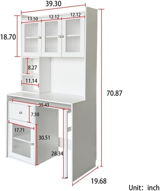 Polibi Rotating Computer Desk with Storage - 90° Adjustable Desktop 4 Glass Door Cabinets &amp Drawer Open Shelves for Home Office Study Room or Living Room White