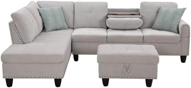 Sophisticated Simplicity Sectional Sofa with Ottoman Living Room Set Left Facing Chaise 2 Cup Holders 2 Throw Pillows Tufted Back and Seat - 99.5 D x 67 W x 32 H Light Gray