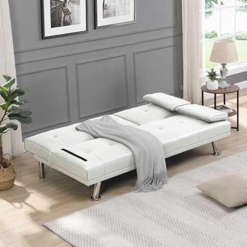 Modern Futon Sofa Bed 67 Inch Leather Convertible Futon Couch Loveseat Sleeper for Small SpacesComfy Folding Recliner Couches for Living Room Adjustable Backrest2 Cup HoldersMetal Legs (WHITE)