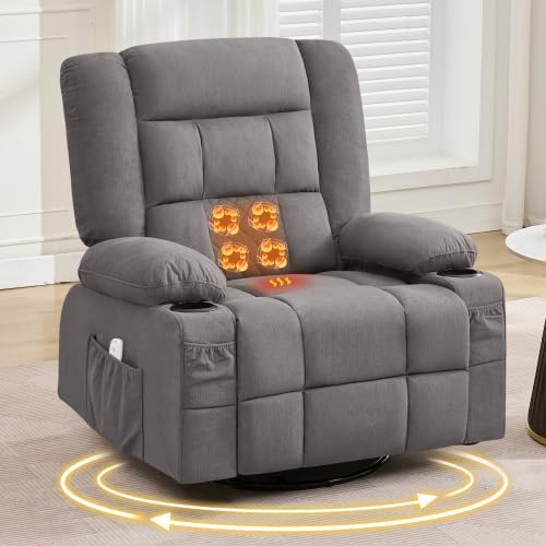 Oversized Recliner Chair for Adults w/ 4-Point 3D Kneading Massage and Lumbar Heating Swivel Rocker Recliner w/USB Charge Port for Living Room Ergonomic Lazy Boy Single Sofa Chair (Gray)