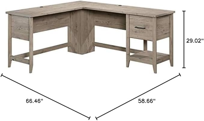 Scranton &amp Co L-Shaped Engineered Wood Computer Desk Laurel Oak Finish 58.66 W x 66.46 D x 29.02 H File Drawer Lower Shelf Cord Management Tapered Feet Home Office Desk