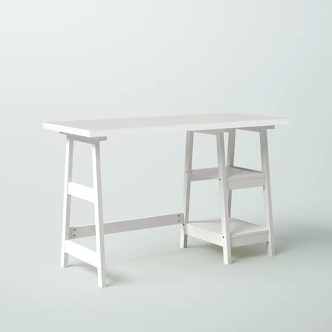 Farmhouse Style Rising Desk Home Office | 2 Open Side Shelves for Extra Storage Wide Top SurfaceLaddered Legs Reversible | Student Laptop Accessories Solid Wood Manufactured | White Color