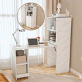 Folding Out Desk with Storage Shelves Expandable Hidden Computer Desk Foldable Space-Saving Pull Out Murphy Table Writing Table with Wheels for Home Office Bedroom Small Spaces (White Marble)