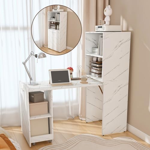Folding Out Desk with Storage Shelves Expandable Hidden Computer Desk Foldable Space-Saving Pull Out Murphy Table Writing Table with Wheels for Home Office Bedroom Small Spaces (White Marble)