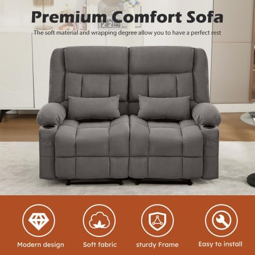 Recliner Loveseat Sofa with Cup Holders 2-Seater Fabric Reclining Couch Manual Recliner Chairs Wall Hugger for Living Room Small Spaces Home Theater RV Love Seats (Gray -2 Seats)
