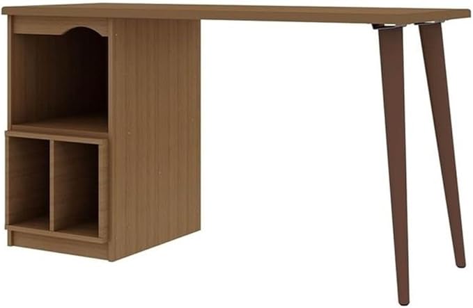 Eden Home Contemporary Wood Home Office Desk Maple Finish 53.54 in Wide 3 Open Cubby Spaces Durable Splayed Legs Retro Style Cut-Out Design Office Workspace or Study Desk with Ample Storage