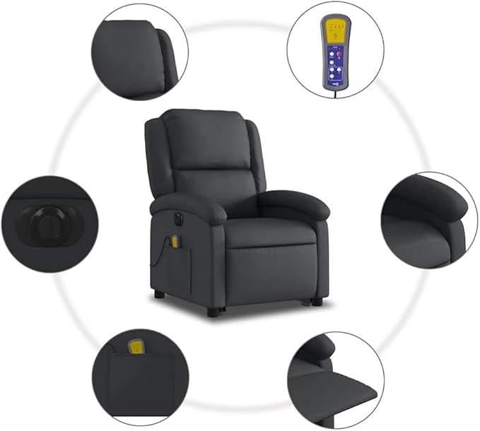 vidaXL Electric Massage Recliner Chair - Black Real Leather Power Lift Assist Vibrating Massage Recliner with Side Pocket Ideal for Living Room or Lounge