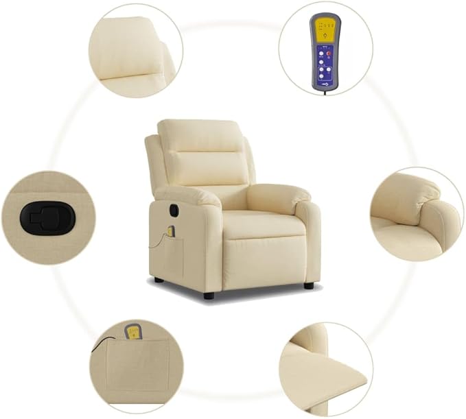 vidaXL Massage Recliner Chair for Elderly - Manual Recline Vibrating Armchair Cream Fabric 135° Tilt Padded Comfort Side Pocket Sturdy Frame