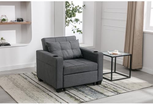 3-in-1 Sofa Bed Convertible Sleeper with 2 Cupholders &amp Adjustable Backrest Modern Lounge Chair for Living Room/Office/Small Apartment (Dark Gray)