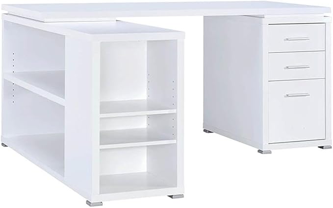 UrbanPro L-Shaped Wood Writing Desk 60 W x 47.25 D x 29.5 H White/Silver Finish MDF and Laminate Construction 3 Drawers with File Cabinet Open Shelves Reversible Home Office Desk
