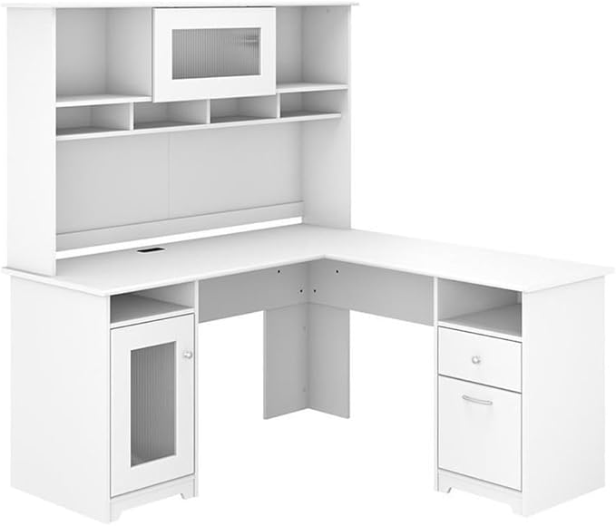 Pemberly Row 60W L Shaped Computer Desk with Hutch White Finish Storage Cabinet File Drawer Adjustable Shelf Fluted Glass Door Home Office Desk for Corner Workspace