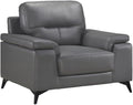 Pemberly Row Leather Upholstered Accent Chair 35 H x 43.75 W x 36 D Dark Gray Top Grain Leather Black Metal Legs Plush Foam Cushions Modern Design Living Room Seating