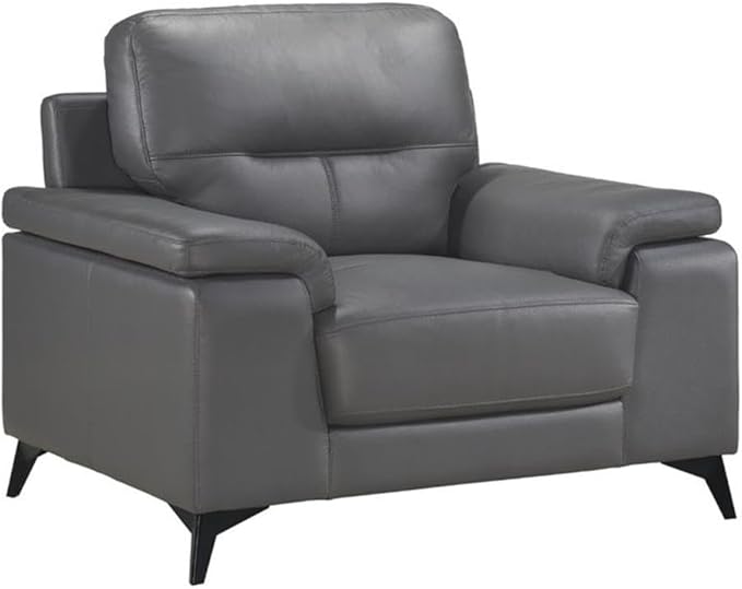 Pemberly Row Leather Upholstered Accent Chair 35 H x 43.75 W x 36 D Dark Gray Top Grain Leather Black Metal Legs Plush Foam Cushions Modern Design Living Room Seating