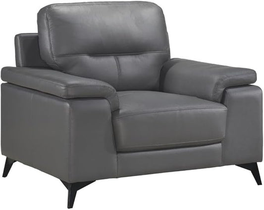Pemberly Row Leather Upholstered Accent Chair 35 H x 43.75 W x 36 D Dark Gray Top Grain Leather Black Metal Legs Plush Foam Cushions Modern Design Living Room Seating