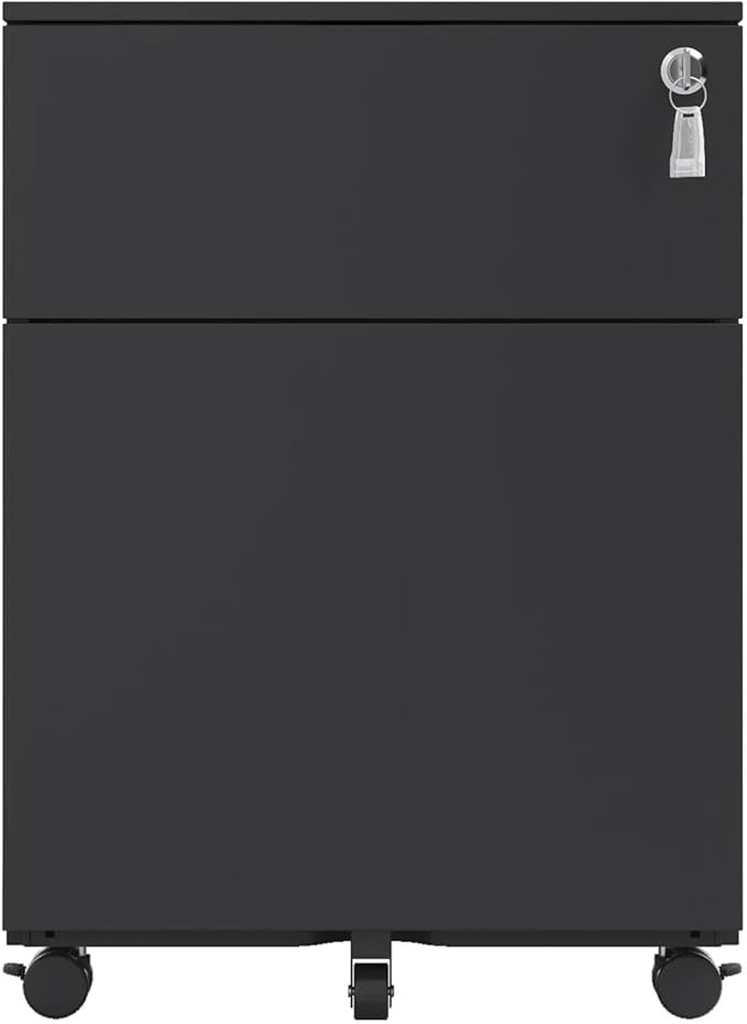 Mobile File Cabinet Steel Mobile File Cabinet with 2 Drawers Lock Steel File Cabinet for Home Office Legal Letter A4 F4 Size 15.35x7.72x21.18 Inch(Black)