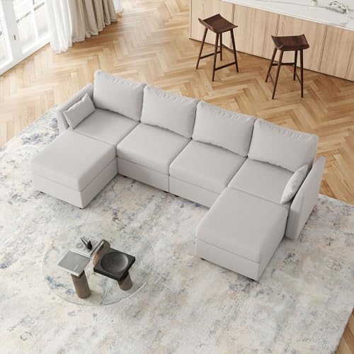 114.17 Modular Sectional Sofa 6 Seat Modular Couch with Storage Memory Foam Convertible Sectional Couches for Living Room U Shaped Comfy Modular Sofa with Chaise Light Grey