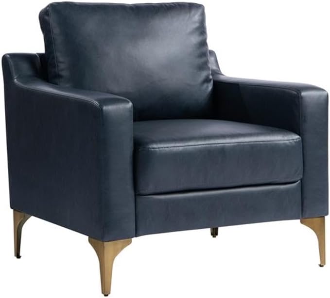 Pemberly Row Stationary Arm Chair Navy Blue Faux Leather Upholstery Solid Wood Frame Bronze Metal Legs High Density Foam Cushions Modern Accent Chair for Living Room or Office Use
