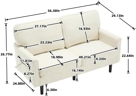 56 W Loveseat Modern 2 Seater Sofa with USB Charging &amp Storage Pocket Small Couch for Living Room Apartment Dorm Office (Beige)