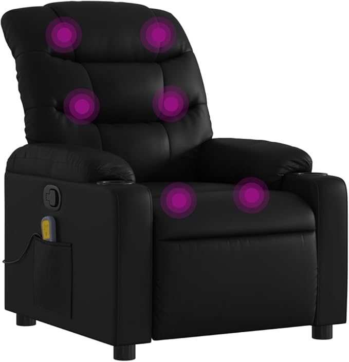 vidaXL Black Faux Leather Massage Recliner Chair-Elderly Reclining Armchair with Manual Adjustment-USB-Powered Vibrating Massage