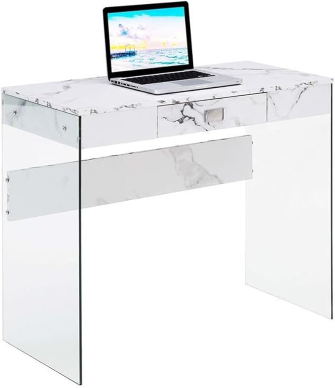 Pemberly Row 36 in Desk Clear Glass and White Faux Marble Finish Particle Board Build with Drawer Modern Contemporary Style Compact Home Office or Study Table
