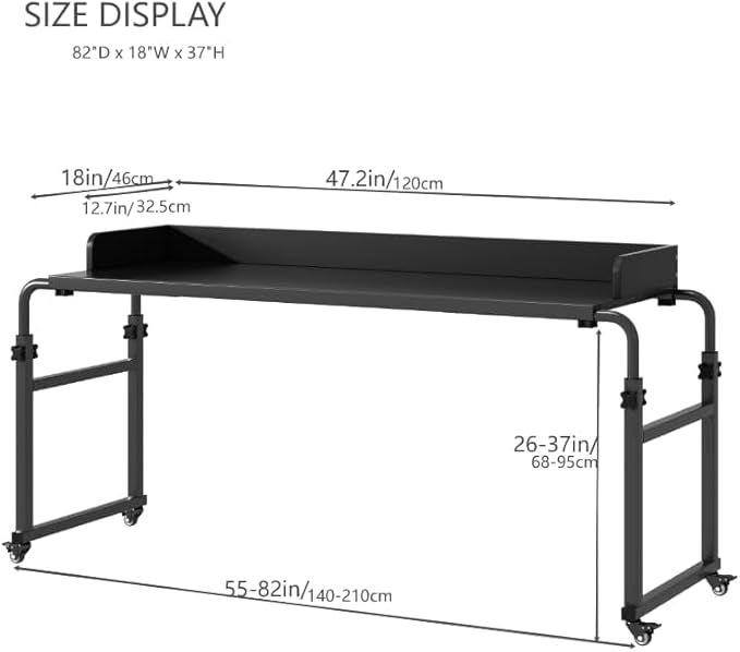 Overbed Table with Wheels Bed Desk Recliner Table Adjustable Height Laptop Table Queen King Size Over The Bed Table with Wheels &amp Heavy Duty Metal Leg Laptop Desk for Recliner (Black)
