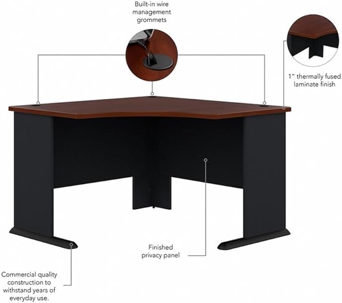 BOWERY HILL 48 Transitional Wood Corner Desk Cherry/Gray Finish Thermally Fused Scratch-Resistant Laminate Wire Management Grommets C-Leg Design Compact Office Desk for Small Workspaces
