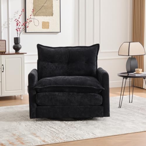 Swivel Accent Chair 360° Rotation Chenille Upholstered Leisure Armchair with Lumbar Pillow Thick Padded Arm Chair with Metal Base Single Sofa Chair for Living Room BedroomOffice (Black)