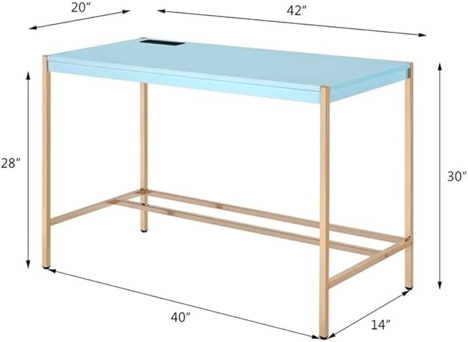 Acme Midriaks Wooden Top Writing Desk with USB Port in Baby Blue and Gold
