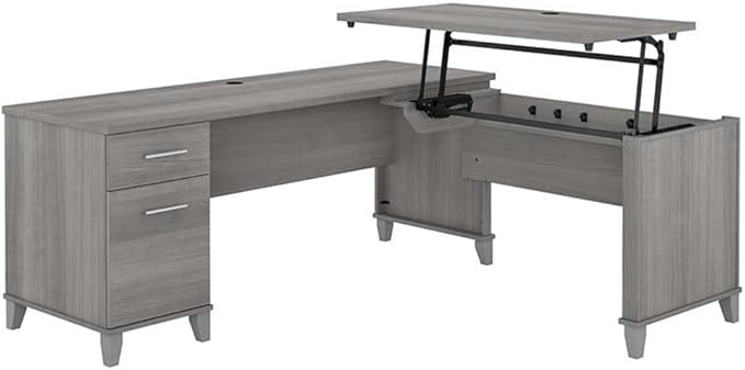 Pemberly Row 72W L Shaped Sit to Stand Desk Platinum Gray Engineered Wood Adjustable Heights 35-41 in Wire Management Storage Drawers Ergonomic Standing Desk for Home Office