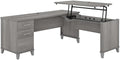 Pemberly Row 72W L Shaped Sit to Stand Desk Platinum Gray Engineered Wood Adjustable Heights 35-41 in Wire Management Storage Drawers Ergonomic Standing Desk for Home Office