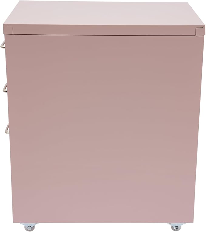 3 Drawer Locking File Cabinet Mobile Storage Organizer with Wheels Under Desk Metal Small Filing Cabinets for Home Office Study Dresser (Pink)