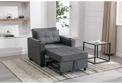 3-in-1 Sofa Bed Convertible Sleeper with 2 Cupholders &amp Adjustable Backrest Modern Lounge Chair for Living Room/Office/Small Apartment (Dark Gray)