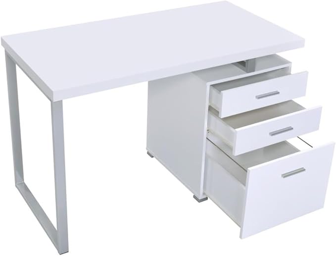 CARTESIAN Modern Reversible Computer Desk with 3 Drawers 47.25W x 23.5D x 30H inches White and Silver Metal Frame File Cabinet Storage