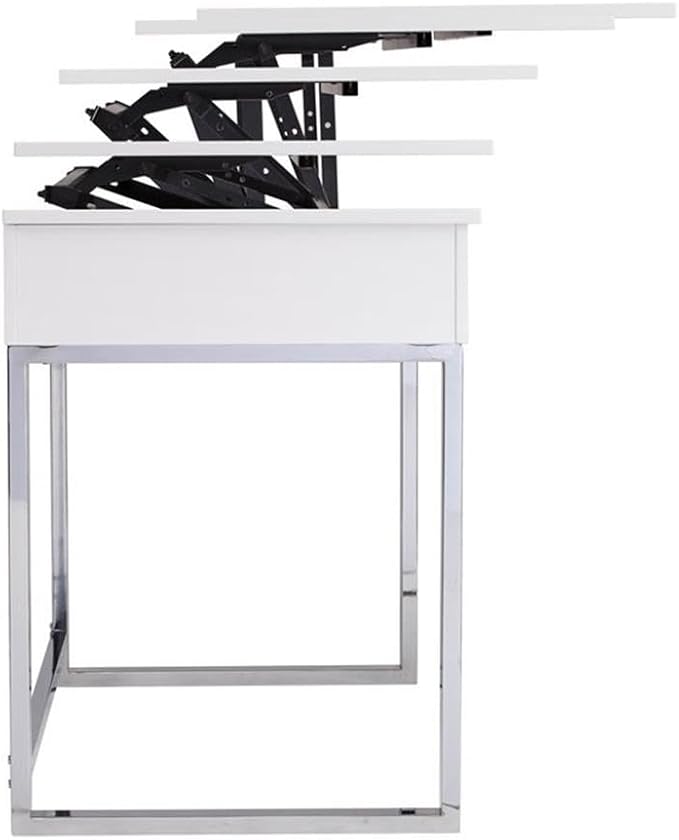BOWERY HILL Modern Adjustable Height Wood &amp Metal Sit-Stand Desk 47.75 W x 23.75 D x 32 H High Gloss White Finish Ergonomic Lift-Top with Hidden Storage Contemporary Style Home Office Desk