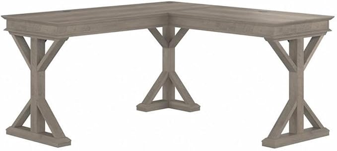 Pemberly Row 60W L Shaped Desk Driftwood Gray Finish Engineered Wood Farmhouse Style Built-in Wire Management Durable Home Office Desk for Workspace or Corner Placement