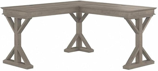 Pemberly Row 60W L Shaped Desk Driftwood Gray Finish Engineered Wood Farmhouse Style Built-in Wire Management Durable Home Office Desk for Workspace or Corner Placement