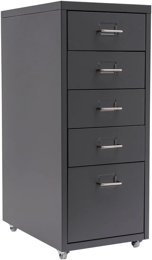 5-Drawer File Cabinet Office Filing Cabinet Stand Storage Organizer with Wheels Freestanding Rolling Storage Dresser Mutifuctional Tool Organizer for Kitchen Bedroom Living Room (Grey)